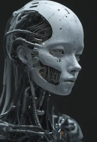 Close-up of a female cyborg with a white mechanical face showing exposed wires and tubes, blending human and robotic elements in intricate detail.