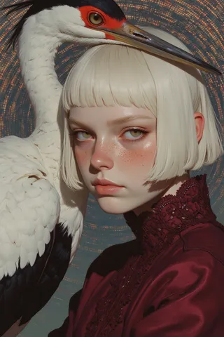 A hyper-realistic close-up portrait of a platinum blonde woman with freckles and a burgundy lace dress, alongside a majestic capped heron with white and black feathers, set against a swirling optical illusion background.
