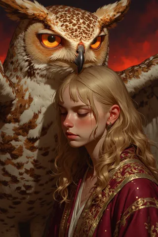 Hyper-realistic close-up portrait of a blonde woman with closed eyes, wearing a richly embroidered burgundy and gold robe, with a giant owl behind her featuring luminous glowing eyes and expansive wings.