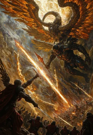 Epic celestial battle scene from Paradise Lost showing angels with fiery wings clashing against dark fallen angels led by Satan against a stormy, lightning-filled sky.