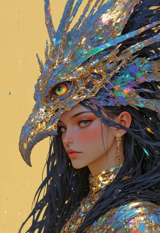 Close-up digital artwork of a woman with striking green eyes wearing an elaborate blue and gold peacock feather helmet and golden armor on a yellow background.