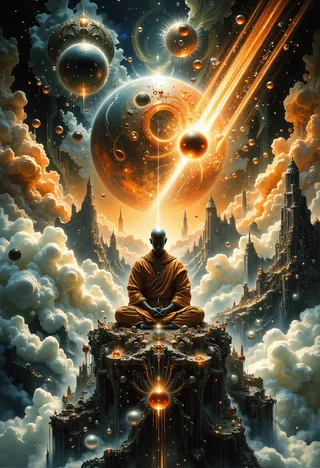 A meditating monk in orange robes sits cross-legged on a floating rocky platform surrounded by ancient temple structures and dense clouds, with glowing cosmic spheres and fiery meteors streaking across a surreal sky.