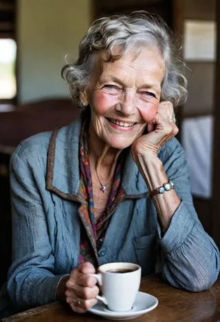 Hyperrealistic portrait of an elderly woman resembling Amelia Earhart, dressed in 1970s fashion, winking at the camera while holding a white coffee cup in a cozy indoor setting.