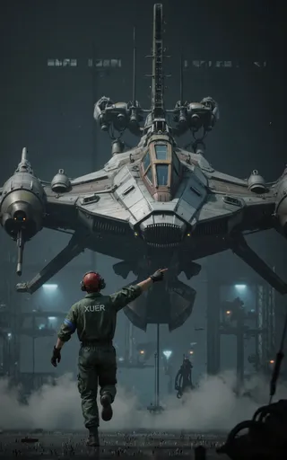 CGI render of a XUER pilot in green jumpsuit pointing at a large futuristic industrial aircraft hovering indoors with mist and atmospheric moody lighting.