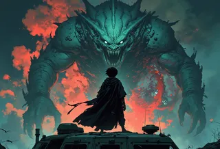 A digital illustration of a boy in a black cloak standing on a military vehicle facing a large blue menacing monster with glowing eyes under a stormy sky.