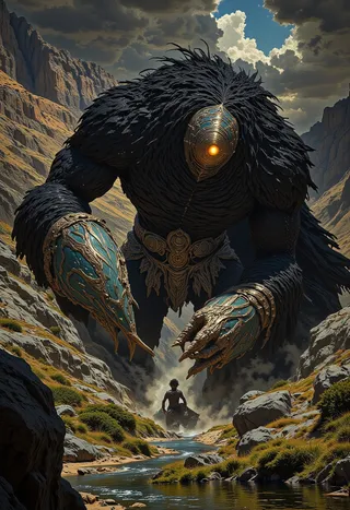 A massive black creature with shaggy fur and ornate blue-gold armor on its arms looms over a lone warrior in a rocky mountain valley with a small river running through it.