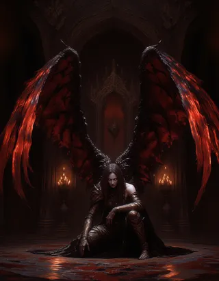 A formidable demonic warrior with large fiery red wings crouches in an elaborately decorated gothic hall illuminated by glowing red lights, wearing black armor and pale skin contrasting with the dark and rich red surroundings.