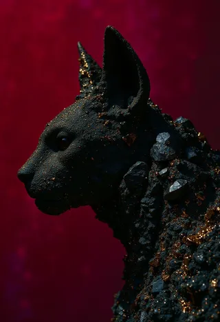 Profile view of a black cat sculpture made from rough black obsidian crystals with golden highlights against a gradient bordeaux and dark crimson background featuring dramatic chiaroscuro lighting.