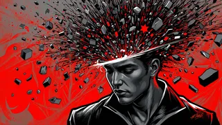 Black and red graffiti art of a man with his head exploding into numerous small circuit boards and geometric shapes against a red background