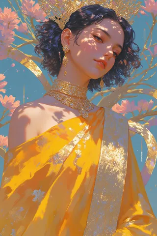 A hyper-realistic portrait of a young woman with pale skin wearing a bright yellow saree with gold zari work and adorned with intricate gold jewelry, set against a surreal swirling floral background.