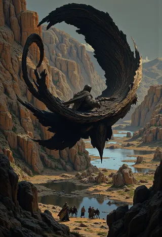 A mysterious cloaked figure spiraling and flying over a rugged rocky canyon with reflective water pools below, as a group of people watch from the canyon floor.