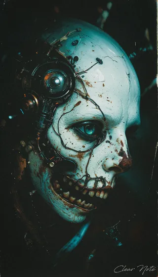 Close-up of a grotesque cyborg face with a twisted mechanical structure, glowing blue eye, and damaged white skull-like exterior in dark shadows.