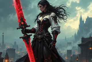 A muscular gothic elf vampire woman with ivory skin and ruby-red eyes stands holding a glowing jagged ruby blade sword in a dark fantasy cityscape.