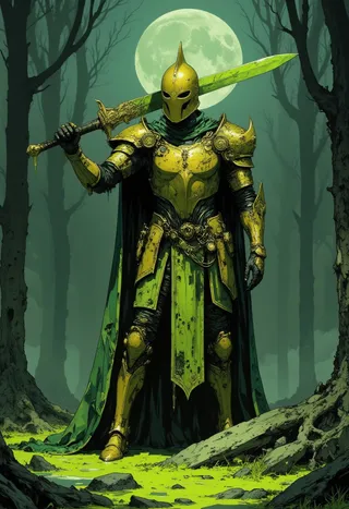 A tall acid knight in ornate, decayed golden armor brandishing a long, curved sword dripping with green acid, standing in a misty moonlit swamp.