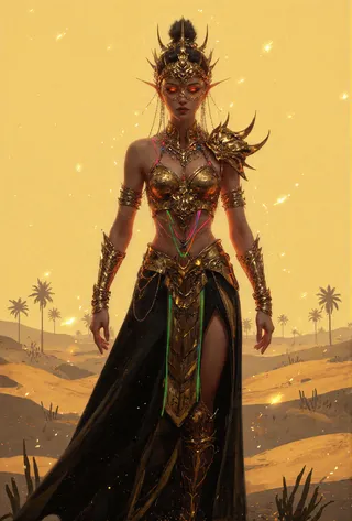 Ein hyperrealistisches Halbporträt einer uralten weiblichen Gottheit, die eine filigrane goldene Rüstung und eine königliche Goldmaske trägt, stehend in einer surrealen Wüstenlandschaft mit Palmen unter warmer, filmischer Beleuchtung.