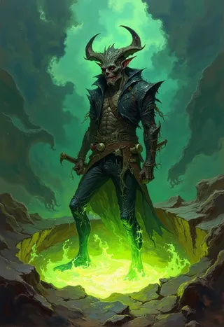 Un demon biker con un grottesco elmo cornuto fa la guardia su una fossa luminosa piena di liquido verde gorgogliante e malsano, illuminato da una luce verdognola inquietante in uno stile pittorico a olio cupo.