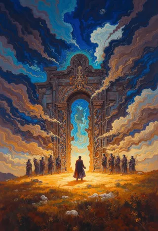 An oil painting depicting a large ornate ancient stone arch set in a vast field, surrounded by robed figures standing in a ceremonial formation under a swirling dramatic sky.