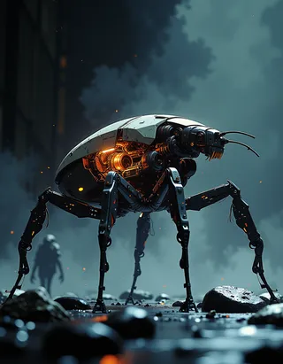 A futuristic insect-like scout robot with six articulated legs and visible internal mechanical sections, set against a minimalist gradient blue background with a cinematic sci-fi atmosphere.
