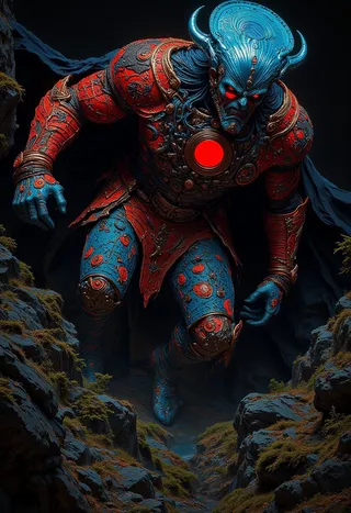 A red and blue armored demonic creature with glowing red eyes crouches in a dark rocky forest path, surrounded by moss-covered stones.