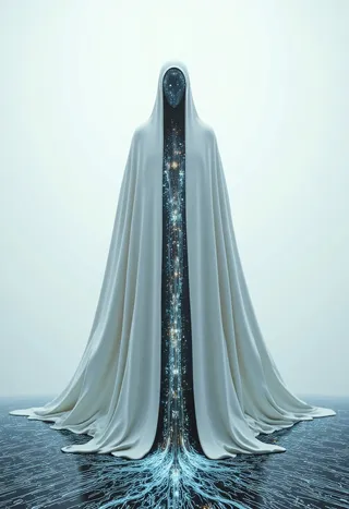 A spectral figure cloaked in flowing white fabric stands on a glowing circuit board, featuring a featureless face reflecting faint circuit details in an ethereal white void.