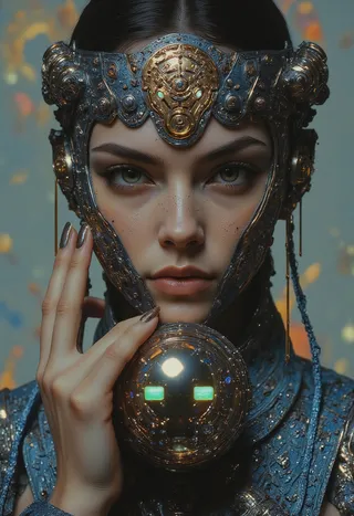 Close-up portrait of a fierce woman wearing an ornate metallic crown and intricate headgear, with glowing green eyes and surreal geometric illusions in the background.