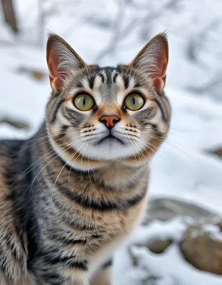 Close-up of a friendly grey tabby cat with yellow eyes looking up, outdoors in an alpine winter setting with snow-covered ground.