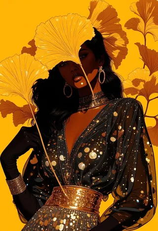 Portrait of a woman in a black dress with gold sequins, partially obscured by oversized yellow Ginkgo biloba leaves on a bright yellow background.