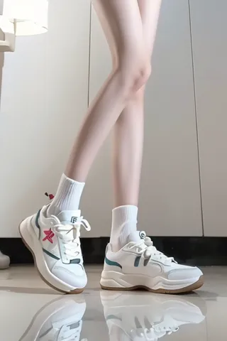 Slender legs in white sneakers and socks standing on a reflective surface with soft lighting highlighting the details.