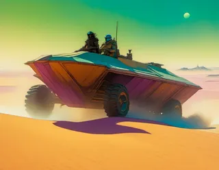 Close-up of a cryptid rogue riding a large-tread exocraft across desert terrain with dust clouds behind, under lime green skies with pink mesas and orange salt flats in the background.