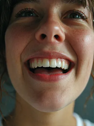 Fotografia ravvicinata di una giovane donna con occhi castani e capelli corti che mostra peli sulla pelle del mento e una bocca aperta con denti bianchi visibili.