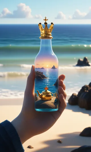A human hand holding a bottle topped with a golden crown, containing a miniature ocean sunset scene with a golden teapot, rocky islands, and a distant castle.