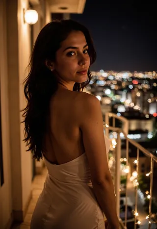 Uma mulher com cabelo preto ondulado e olhos verde-oliva está elegantemente na varanda à noite, iluminada por luzes douradas quentes com o horizonte da cidade borrado ao fundo.
