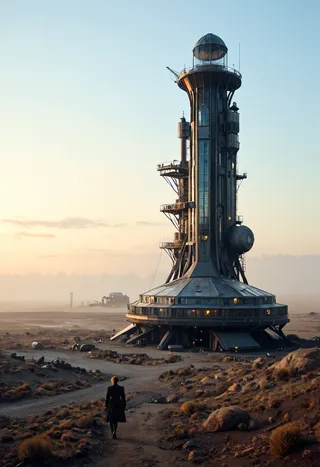 A tall futuristic planetary science tower stands on a dusty, arid landscape under a vivid sunset sky, with a lone Victorian lady walking towards it.