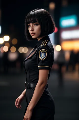 Professional photograph of a Latino woman with black bobcut hairstyle wearing a sharp black security uniform, set against a blurred urban night bokeh background with cinematic lighting.