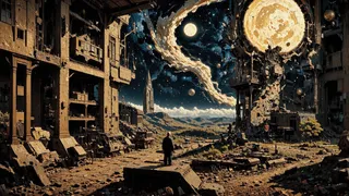 Surreal detailed warehouse ruins under a starry space sky with a large glowing moon, a man standing amidst the debris in an intricate multilayer painting style.
