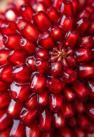 Close-up macro photograph of translucent red pomegranate seeds arranged in fractal radial symmetry with soft backlighting highlighting their jewel-like appearance.