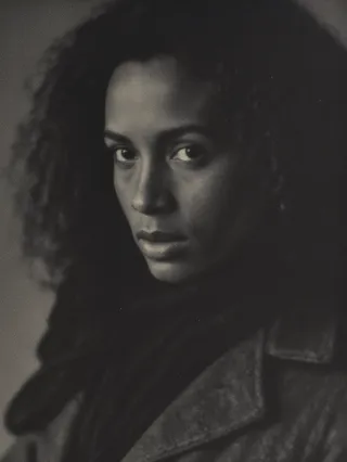 Black and white pictorialist portrait of a 28-year-old Ethiopian woman with detailed eyes, hard shadows, and film grain in the style of Alvin Langdon Coburn.