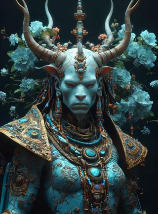 Futuristic digital shaman with blue skin and large horns, adorned with ornate gold and turquoise jewelry and armor, set against a dark background with blue flowers.