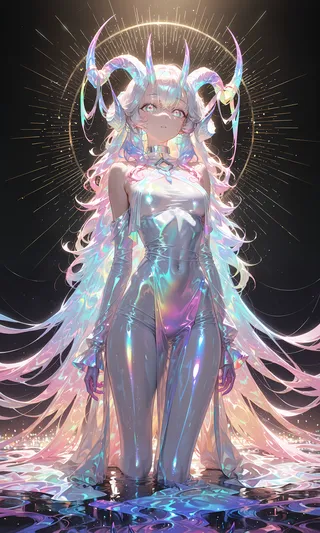 A luminous female figure with complex iridescent horns, wearing a shiny holographic outfit, illuminated by volumetric lighting against a dark background.