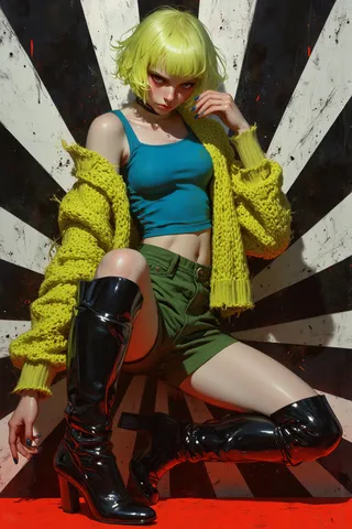 A figure with neon green hair wears a chunky yellow cardigan over a blue tank top and green shorts, paired with glossy black leather boots, posed against a black and white optical illusion background on red floor.
