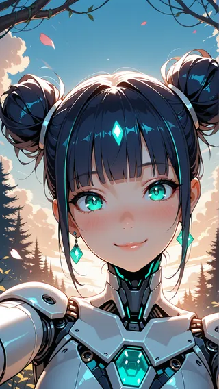 Portrait of a smiling robot girl with dark blue twin buns, emerald luminous eyes, mechanical white metal body with blue accents, standing in a mystical forest under vibrant blue sky with floating petals and warm lighting.
