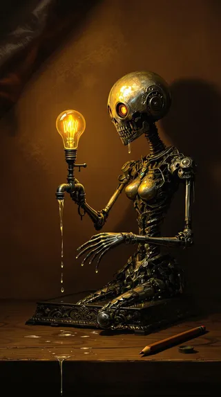 Dark fantasy illustration of an intricately detailed metallic humanoid figure with a skull-like head holding a glowing light bulb attached to a dripping faucet, seated on a decorative base on a wooden surface with a pencil nearby.