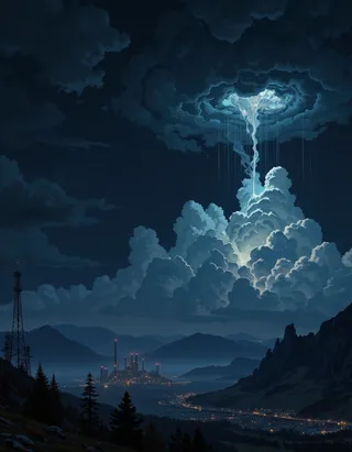 Digital artwork showing a dark night landscape with a distant factory emitting rare lights, a majestic display of luminous steam rising into mystical clouds above.