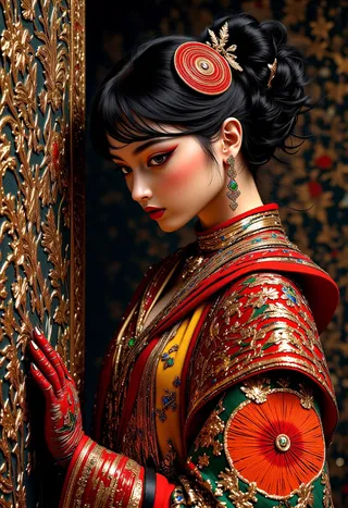 Portrait of a woman in richly embroidered red and gold traditional Asian attire with elaborate hairstyle and vintage jewelry, posing beside an ornate golden patterned wall.