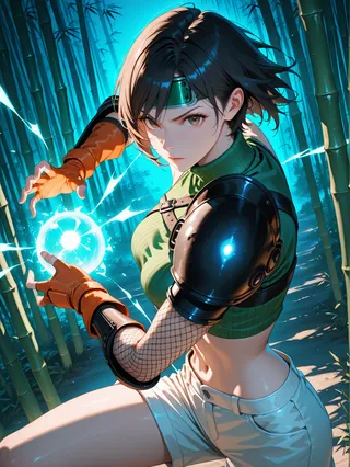 Anime style female character with short black hair wearing a green turtleneck and white shorts performing a kamehameha energy attack in a bamboo forest at night with cinematic lighting.