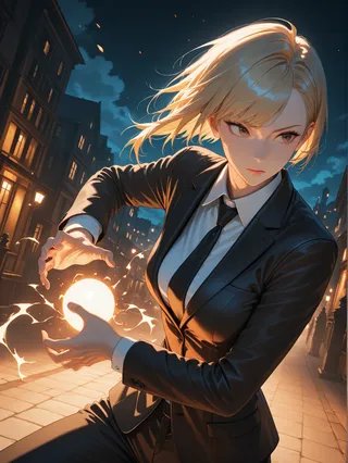 Femme blonde aux cheveux courts en costume noir à l'extérieur dans un cadre nocturne en centre-ville, créant une boule d'énergie à aura lumineuse dans ses mains, illuminée par un éclairage cinématographique.