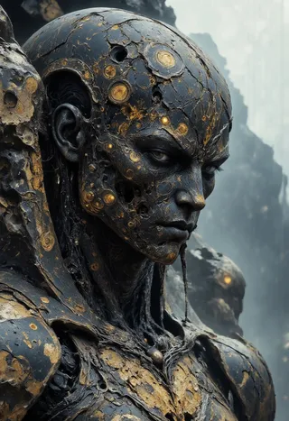 Close-up portrait of a stone cyborg with rock-like cracked skin, glowing golden veins, intricate runic carvings, mechanical details, set against misty mountains.