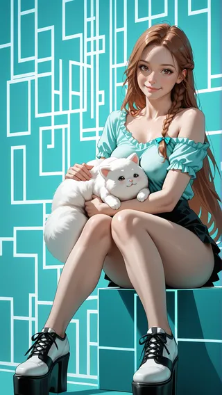 구리빛 긴 땋은 머리를 가진 젊은 여성이 프릴 장식 오프숄더 청록색 셔츠, 미니스커트, 플랫폼 신발을 착용하고 앉아서 청록색 기하학적 추상 배경 앞에서 귀여운 표정의 하얀 푹신한 고양이를 안고 있는 사실적인 초상화.