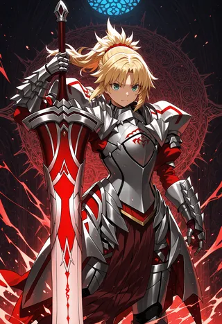 Guerriera fantasy Mordred da Fate/Apocrypha in armatura completa intricata argento e rossa che impugna una enorme spada, capelli biondi raccolti, posa dinamica con sfondo dettagliato.