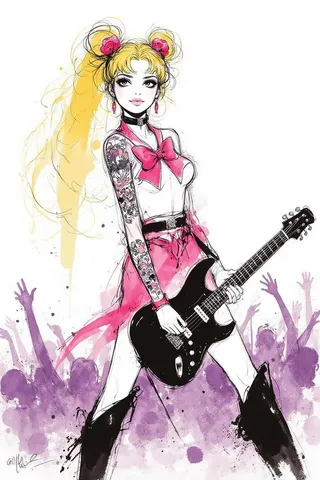 Ink wash brush style illustration of a punk Sailor Moon character playing an electric guitar at a heavy metal mosh pit, featuring tattoos and piercings.